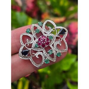 Vintage EA Multi Gemstone Sterling Silver 925 Art Deco Floral Brooch Pin Pendant